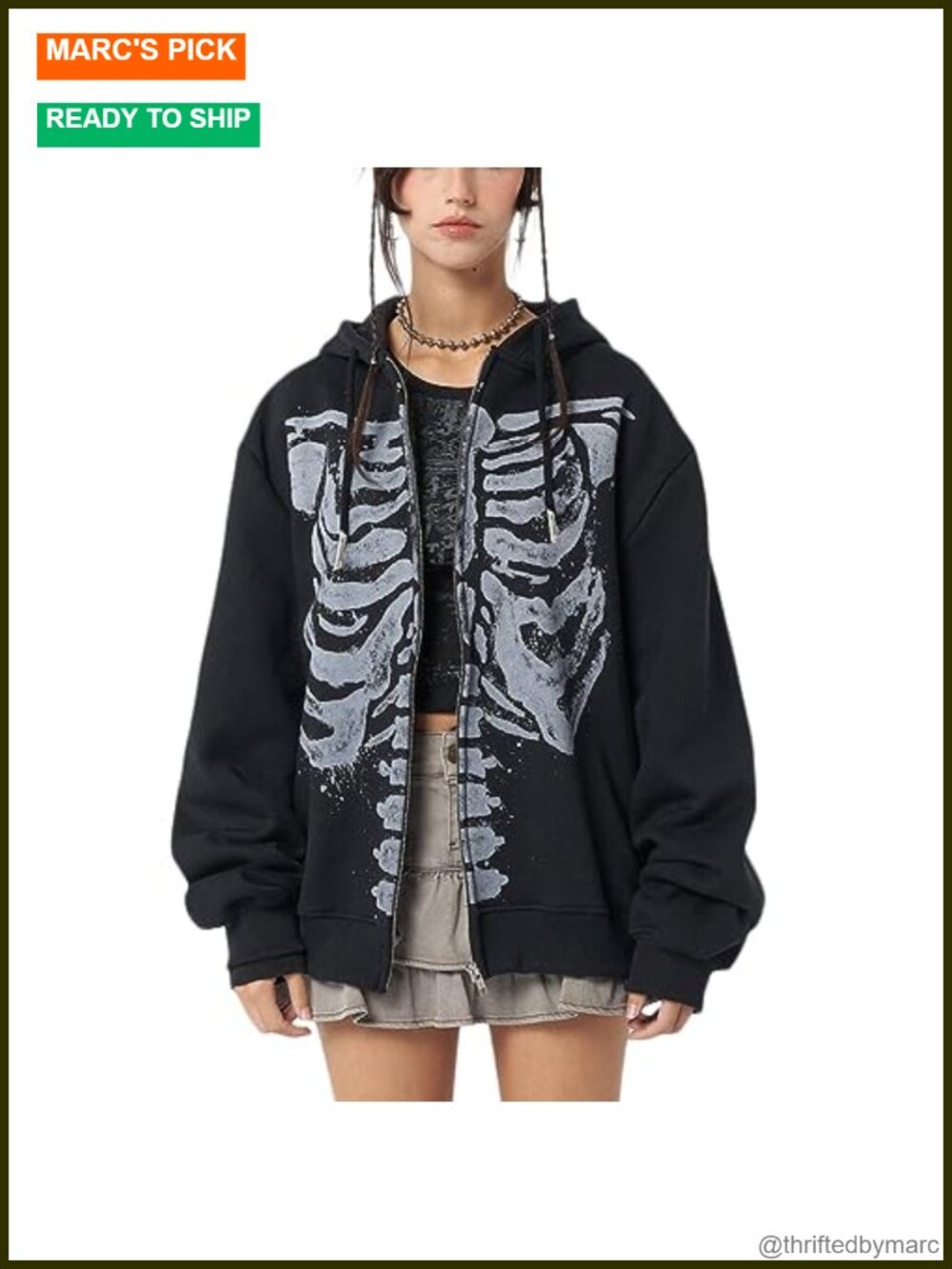 Y2K Oversized Skeleton Zip Up Hoodie Gothic Grunge Jacket